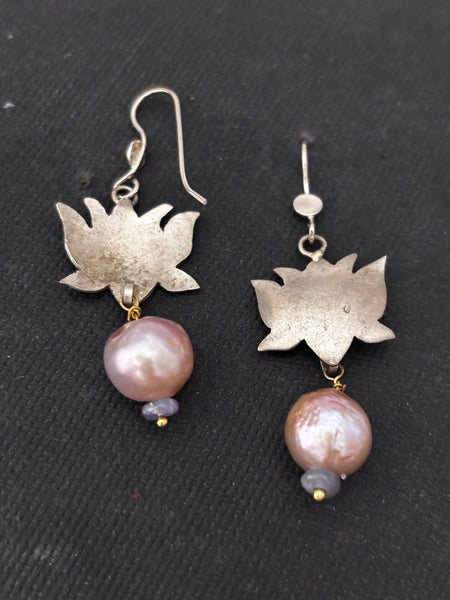 Silver Lotus with Pearl Drop Earrings