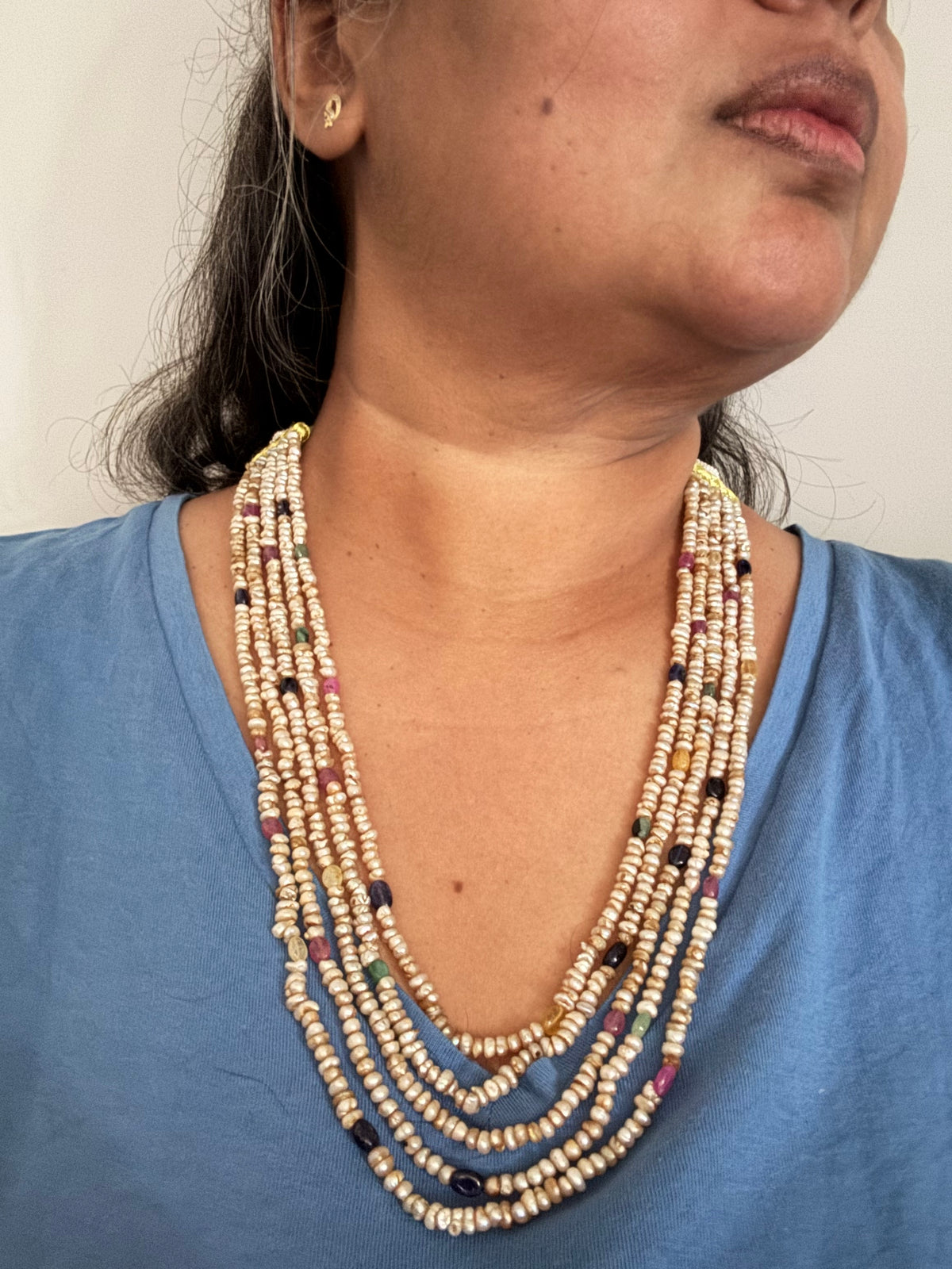 5 Line Pearl With Semi Precious Beads
