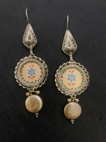 Silver Cream Handpainted Earrings