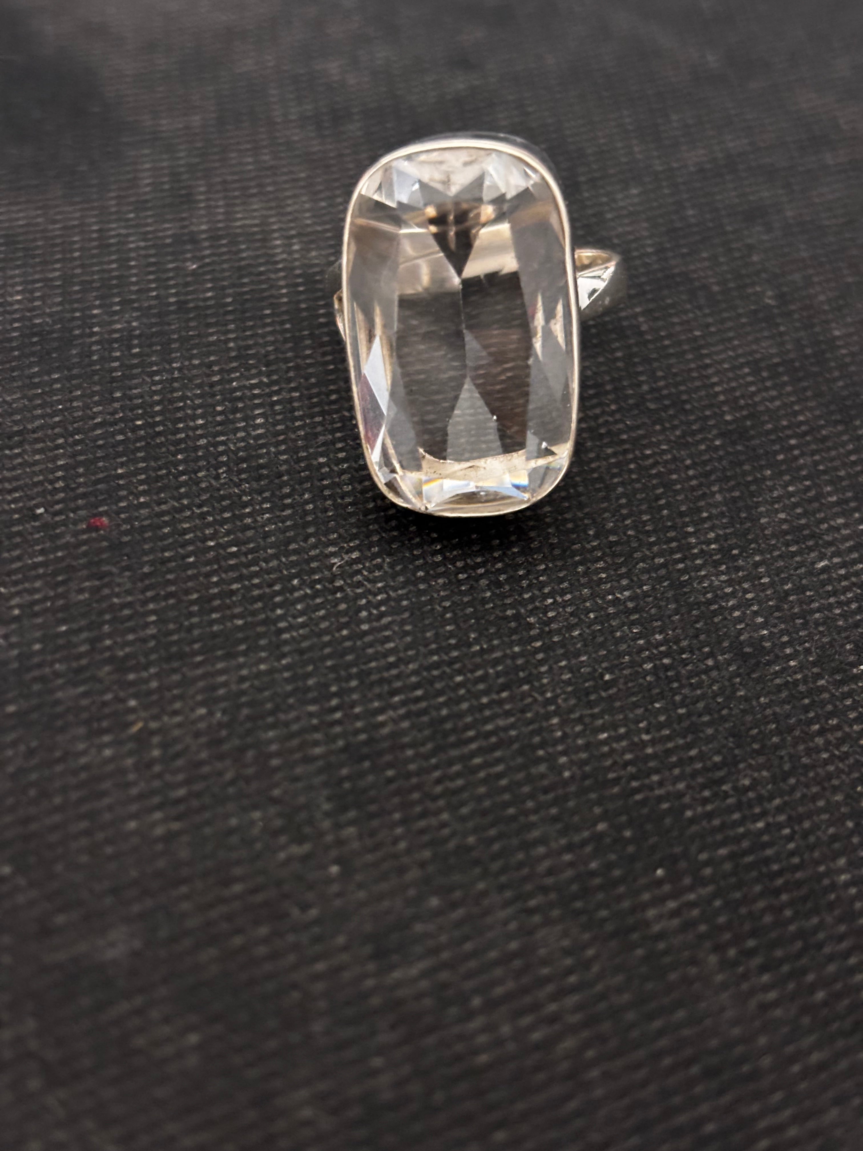 Faceted Clear Quartz Rectangle Silver Finger Ring