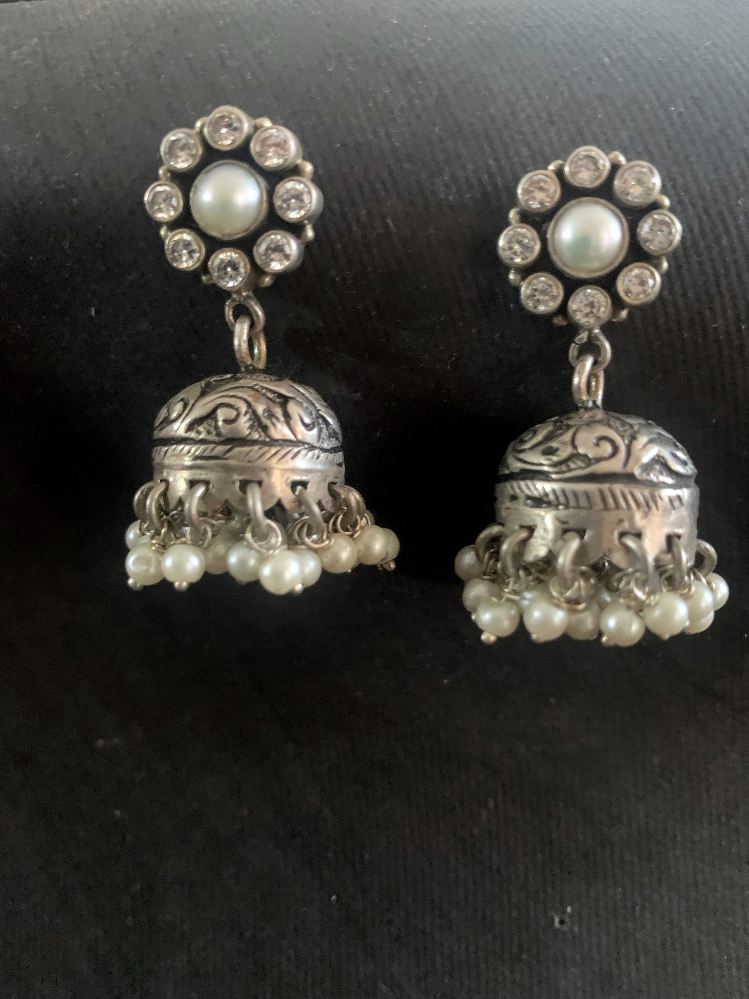 Pearl With Zircon Chitai Work Jhumka