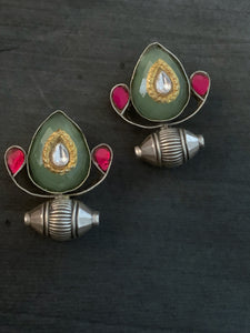 Silver Onyx Kundan Earrings