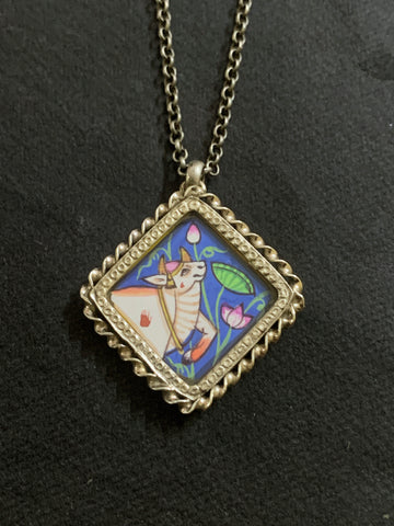 Silver Handpainted Square Pichwai Pendant