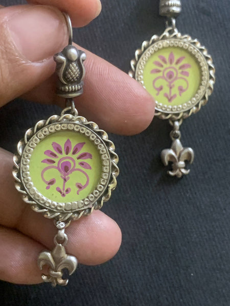 Tea Green Silver Handpainted Earrings