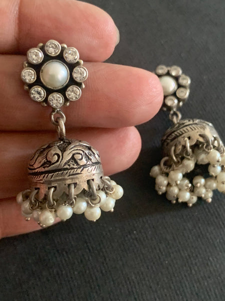 Pearl With Zircon Chitai Work Jhumka