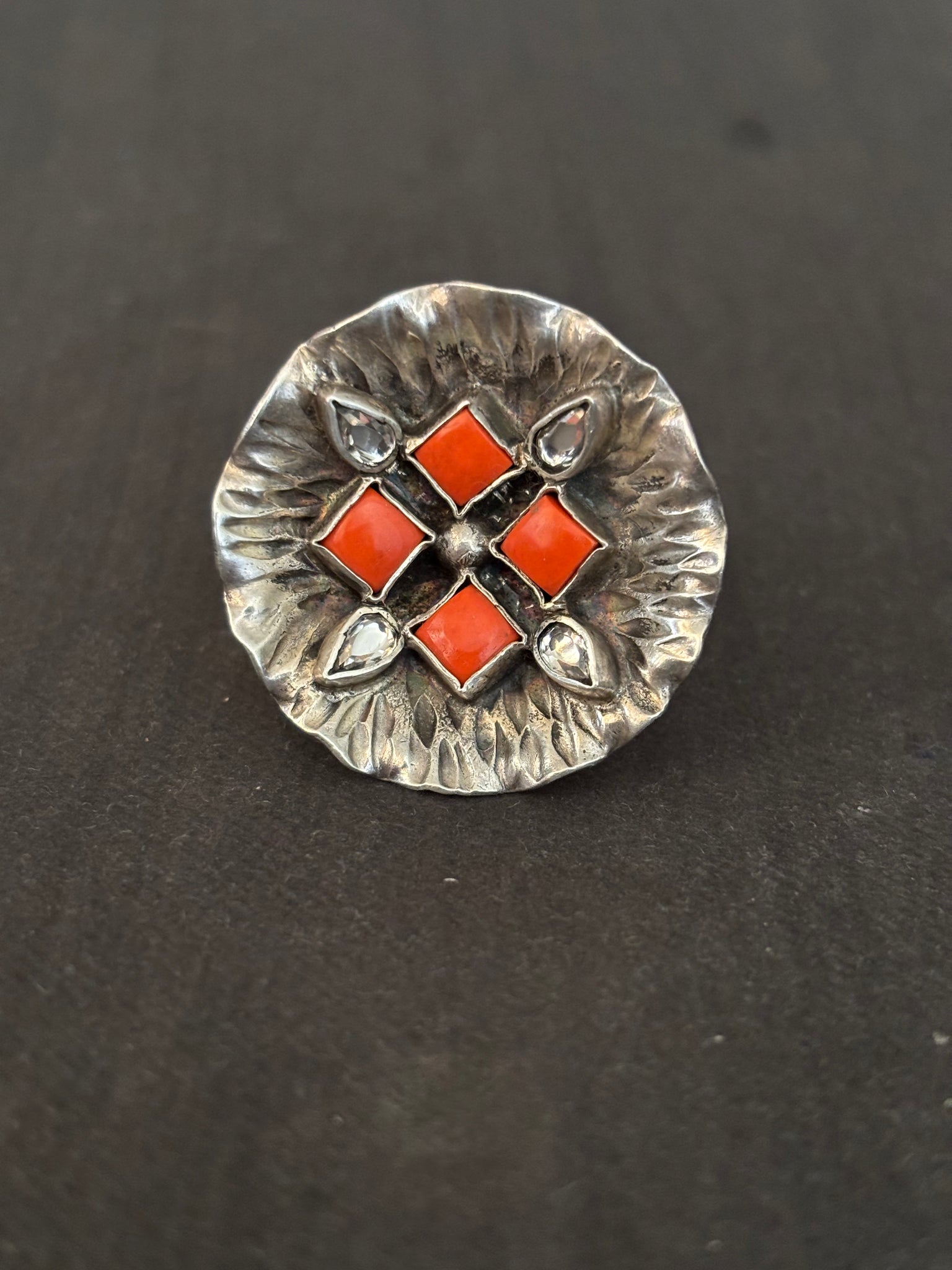 Silver Coral and Zircon Finger Ring
