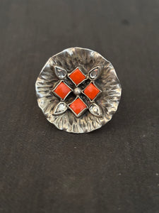 Silver Coral and Zircon Finger Ring