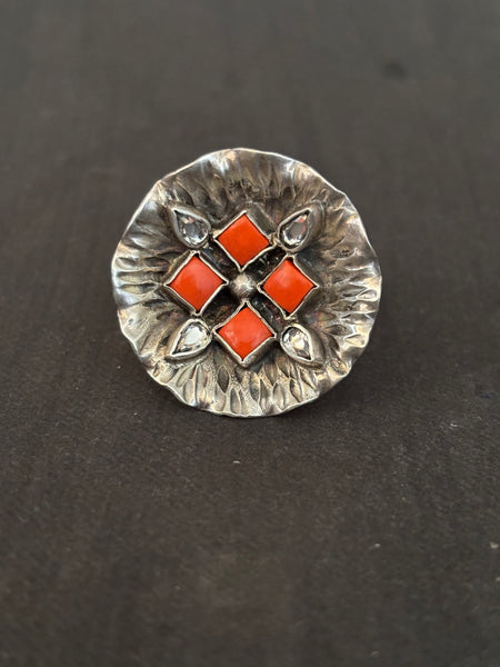 Silver Coral and Zircon Finger Ring