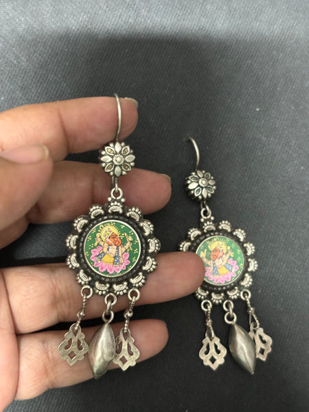 Silver Handpainted Ganesh Earrings