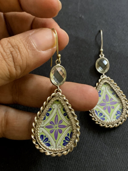 Silver Pistachio Handpainted Earrings