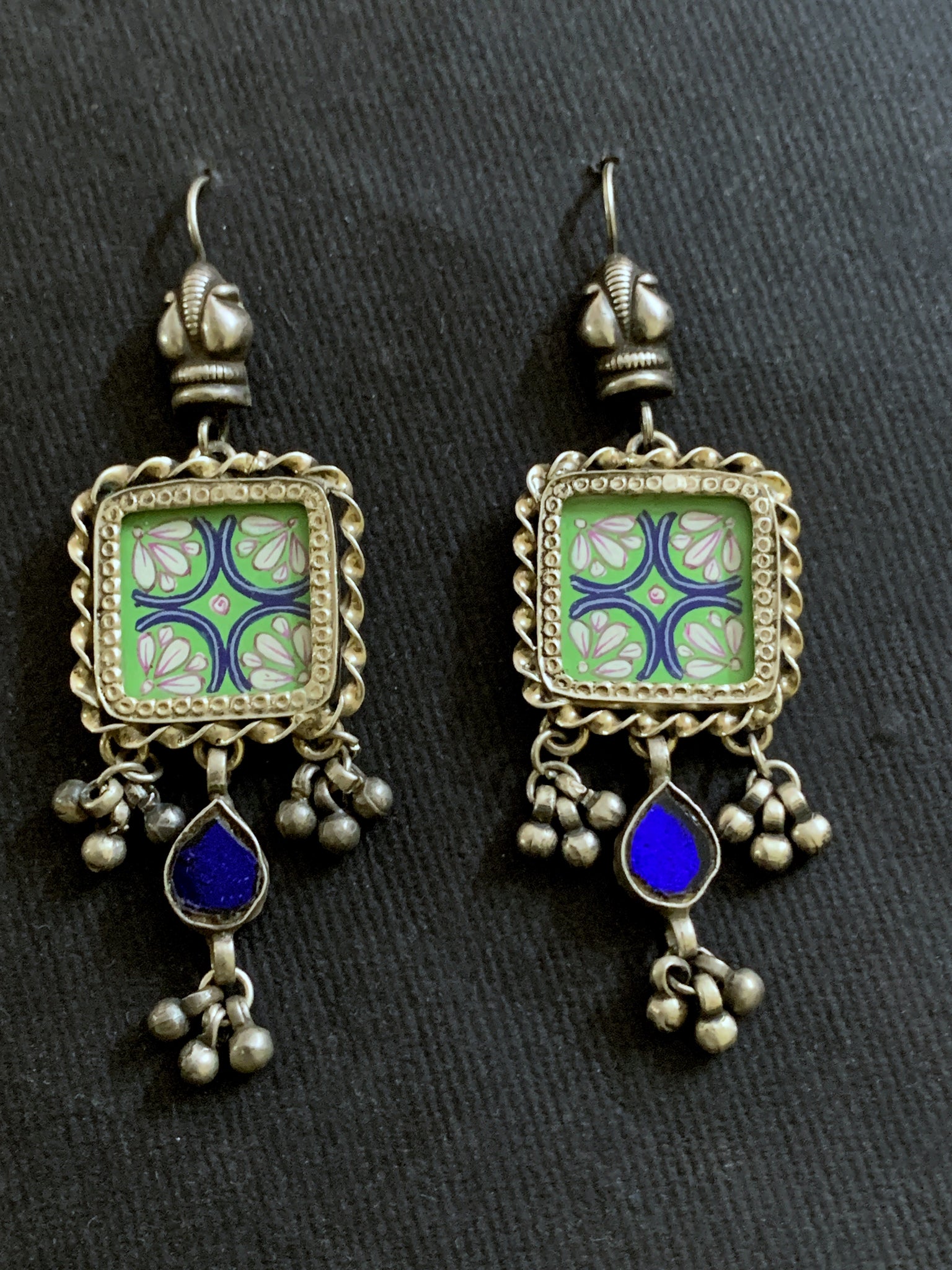 Square Blue Green Handpainted Earrings