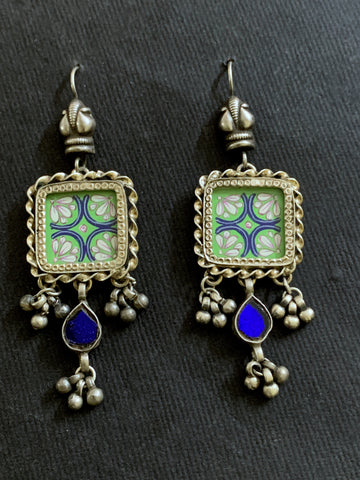 Square Blue Green Handpainted Earrings