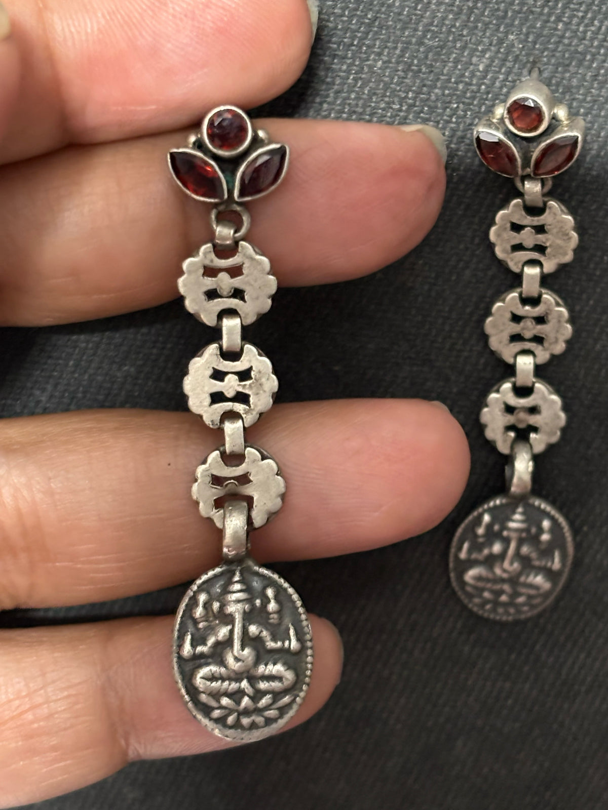 Silver Assembled Garnet Ganesh Earrings