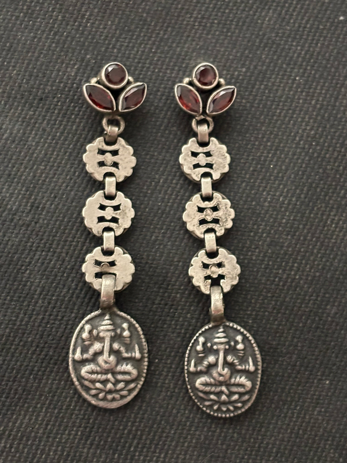 Silver Assembled Garnet Ganesh Earrings