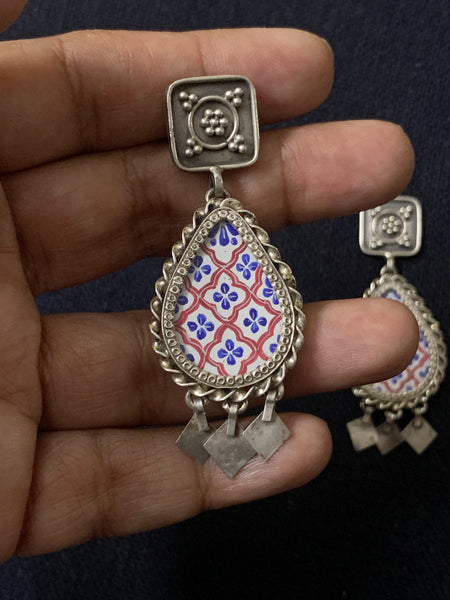 Silver White Red HandPainted earrings