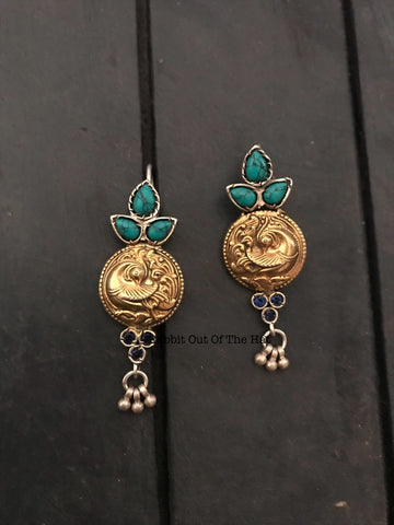 Gold Polished Silver peacock With Turquoise And Ink Blue Cut Stones