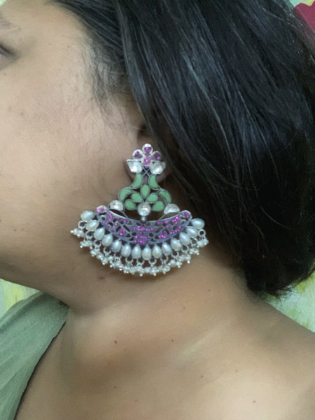 Kundan Green And Pink Earrings